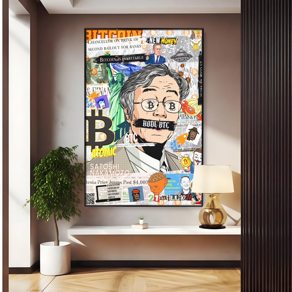 Tablou canvas cu tablou canvas cu portret stilizat bitcoin si satoshi, in rama de aluminiu negru
